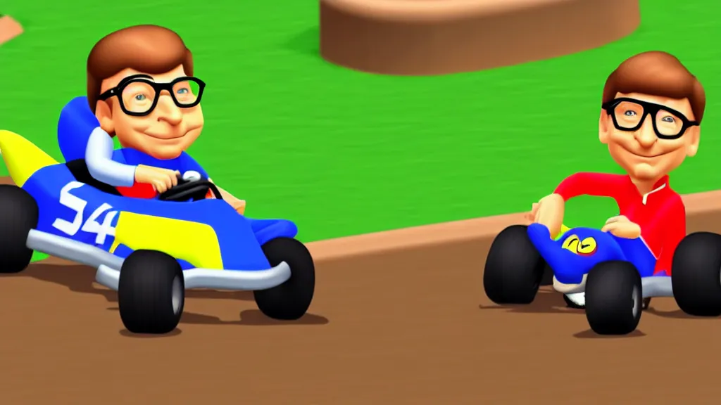 Prompt: Bill Gates as a character in kart double dash. Dirt track, rainy day. Nintendo64