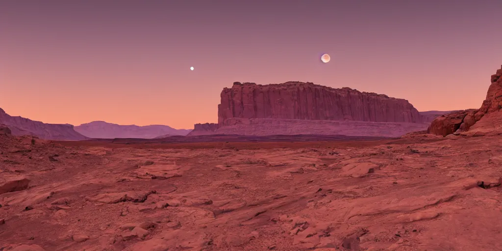 Image similar to a view looking out of a cave of a dried up river bend running through a canyon surrounded by desert mountains at sunset on mars, purple sky, two moons, planet mars, moab, utah, a tilt shift photo by frederic church, trending on unsplash, hudson river school, photo taken with provia, national geographic photo