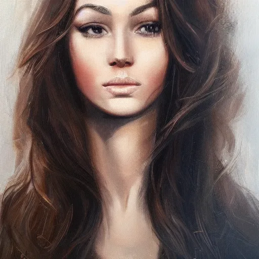 Image similar to beautiful portrait face centre oil on canvas of brunette with wavy hair Ebru Şahin, Reyyan, intricate, elegant, highly detailed, artstation, concept art, sharp focus