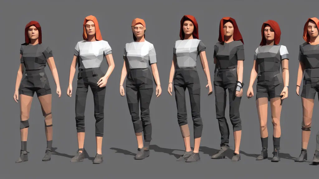 Prompt: all - female crew in a minimalistic, dark ( spaceship ), low poly.