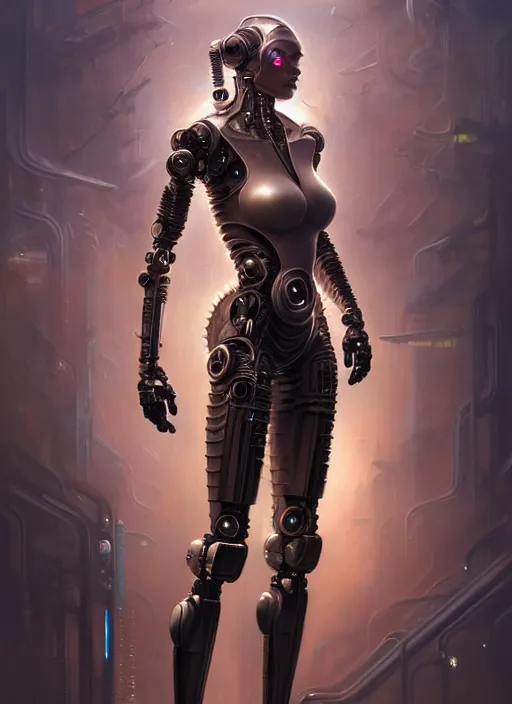 Image similar to full length a cyberpunk robot woman, intricate, elegant, highly detailed, centered, digital painting, artstation, concept art, smooth, sharp focus, illustration, artgerm, tomasz alen kopera, peter mohrbacher, donato giancola, joseph christian leyendecker, wlop, boris vallejo