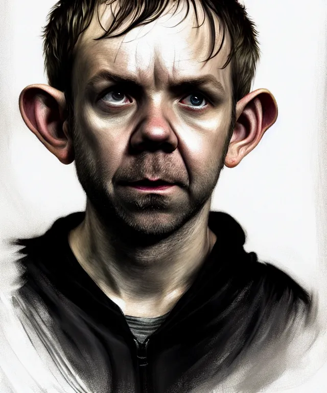 Image similar to a detailed fifty mm portrait of dominic monaghan as a hobbit in a black adidas track suit with white stripes, headshot, highly detailed, digital painting, artstation, concept art, sharp focus, cinematic lighting, illustration, art by met mangindaan, artgerm and greg rutkowski, alphonse mucha, cgsociety