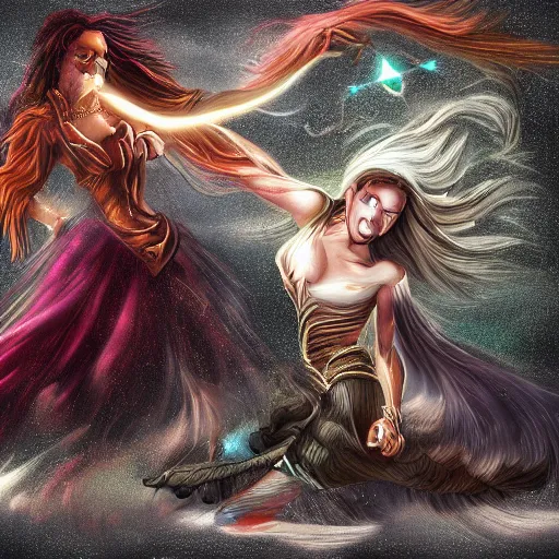 Prompt: a scene of two identical beautiful sorceresses fighting, detailed digital painting, full of detail