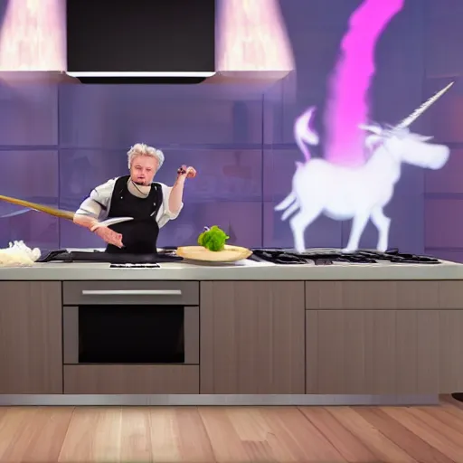 Image similar to hyper real Gordon Ramsey cooking a unicorn in kitchen 4k