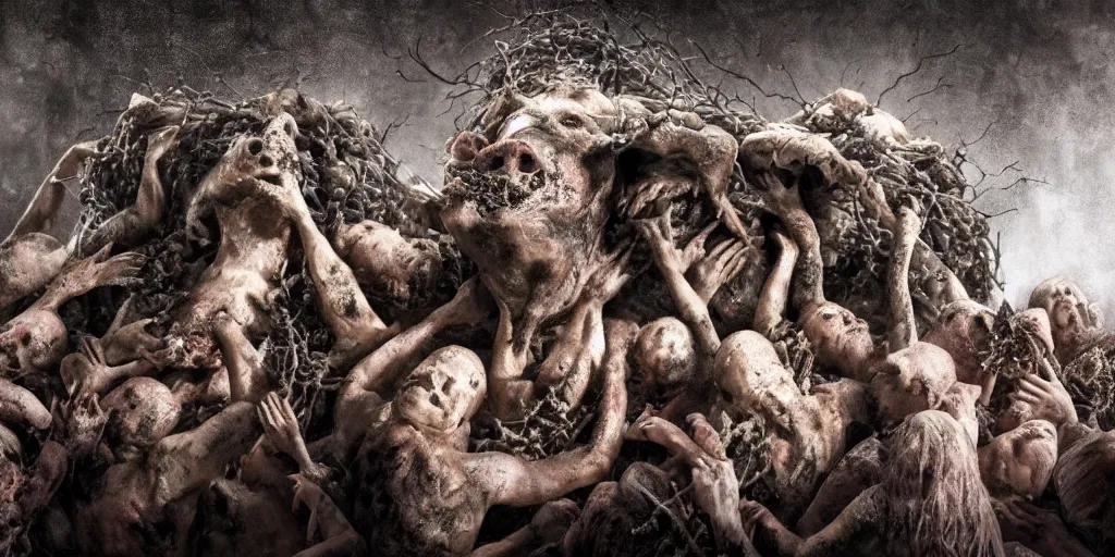 Prompt: a highly detailed realistic photographic render of swarm of corpses worshipping a severed head of a pig with crown of thorns , dead souls, religious sculpture, creepy, cinematic lighting, cinematic scene, Volumetric lighting, Atmospheric scene, Dark, Horror, Atmospheric lighting, Global illumination, realistic, photo realism, hyper realistic, hyper realism, photo realisitc, cinematic render, film, beautifully lit, ray traced, octane 3D render, octane render, unreal engine