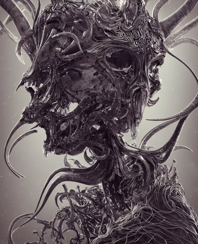 Prompt: close-up macro portrait of the face of a beautiful princess with ram animal skull mask, epic angle and pose, ribcage skeleton symmetrical artwork, 3d with depth of field, blurred background, cybernetic jellyfish female face phoenix bird, translucent, nautilus, energy flows of water and fire. a highly detailed epic cinematic concept art CG render. made in Maya, Blender and Photoshop, octane render, excellent composition, cinematic dystopian brutalist atmosphere, dynamic dramatic cinematic lighting, aesthetic, very inspirational, arthouse. y Greg Rutkowski, Ilya Kuvshinov, WLOP, Stanley Artgerm Lau, Ruan Jia and Fenghua Zhong