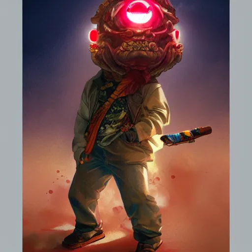 Image similar to yoshi as trevor philips vaporwave, one eye red, vulcaon machine gun, cigar, highly detailed, digital painting, artstation, concept art, smooth, sharp focus, illustration, art by artgerm and greg rutkowski and alphonse mucha