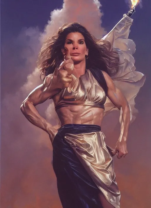 Image similar to Sandra Bullock (1990) as a muscled heroine staring into the camera, torch shadows, foggy night, intricate, elegant, highly detailed, Donato Giancola, Joseph Christian Leyendecker, WLOP, Boris Vallejo, Artgerm