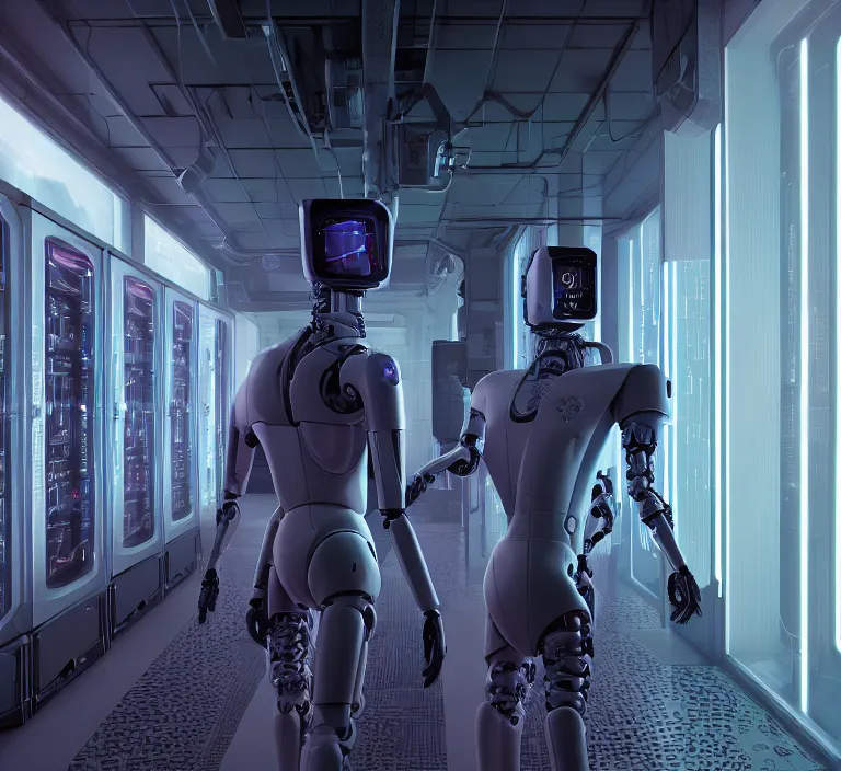 Image similar to hyperrealism stock photography of highly detailed stylish humanoid robot in cyberpunk sci - fi style by gragory crewdson and vincent di fate, mike winkelmann with many details by josan gonzalez working at the highly detailed data center by mike winkelmann and laurie greasley hyperrealism photo on dsmc 3 system rendered in blender and octane render