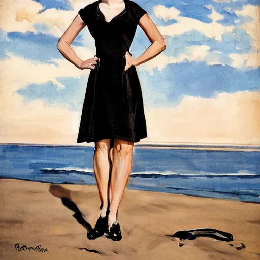 Image similar to woman in black dress on the beach, pretty face, black shoes, leyendecker style