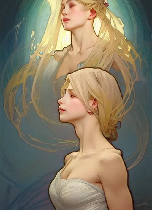 Image similar to digital character concept art by artgerm and greg rutkowski and alphonse mucha. clear portrait of a modern young wife blessed by god to unstoppably grow more perfect and fertile!! blonde, in clothes! holy full - figured! shy, light effect. hyper detailed, glowing lights!! intricate, elegant, digital painting, artstation, smooth, sharp focus