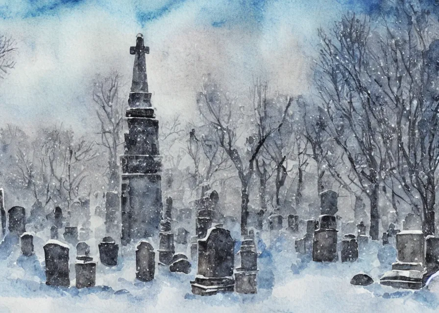 Prompt: graveyard with large monuments covered in snow, watercolor illustration