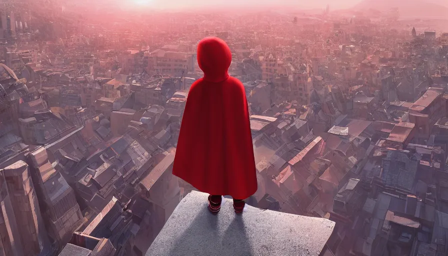 Image similar to kid with red superhero cape sitting on the edge of the roof of a building watching sunrise on the city, hyperdetailed, artstation, cgsociety, 8 k