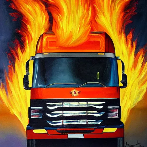 Prompt: painting of a flaming truck