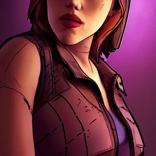 Image similar to scarlett johansson portrait, borderlands, tales from the borderlands, the wolf among us, comic, cinematic lighting, studio quality, 8 k