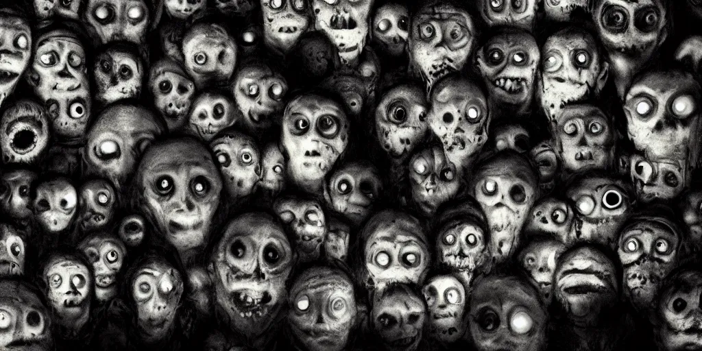 Prompt: a dark cave full of reflective eyes, wide shot, horror movie, national geographic, monsters