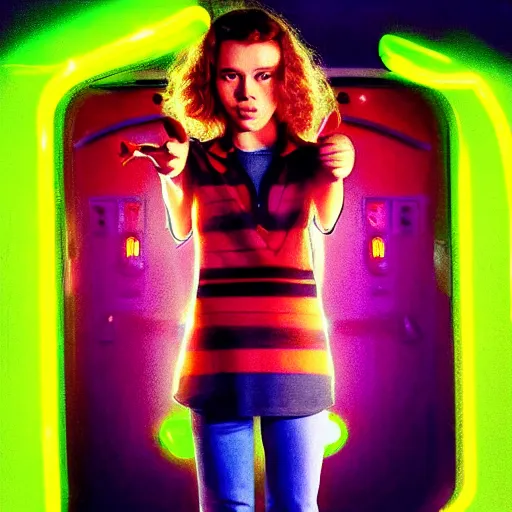 Prompt: “ scarlett johansson portrait, stranger things character, 8 0 s, neon, high school, student, vhs, arcade, fiction, steven spielberg, supernatural ”