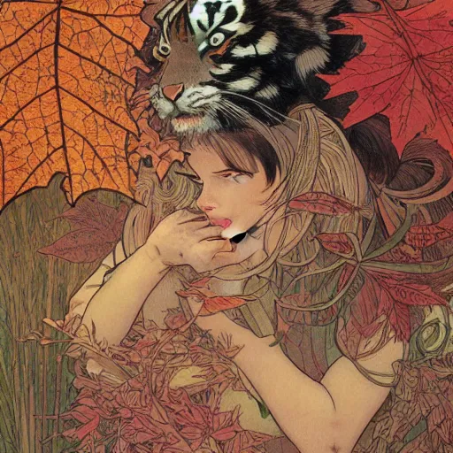 Image similar to a highly detailed portrait of cartoon tiger, sweating and flapping fan, autumn leaves on the ground, concise lines, ultradetailed environment, sharp focus, cinematic lighting, by alphonse maria mucha and kim jung gi