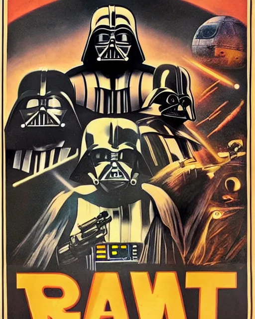 Image similar to vintage star wars movie poster by tom jung, with pugs droids and a darth vader helmet that looks like a pug face