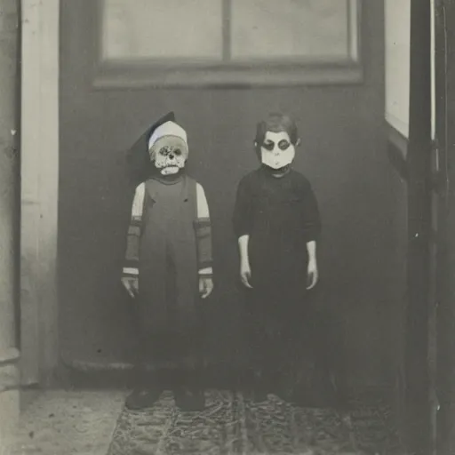 Image similar to portrait of children wearing santa masks, photograph, style of atget, 1 9 1 0, creepy, dark