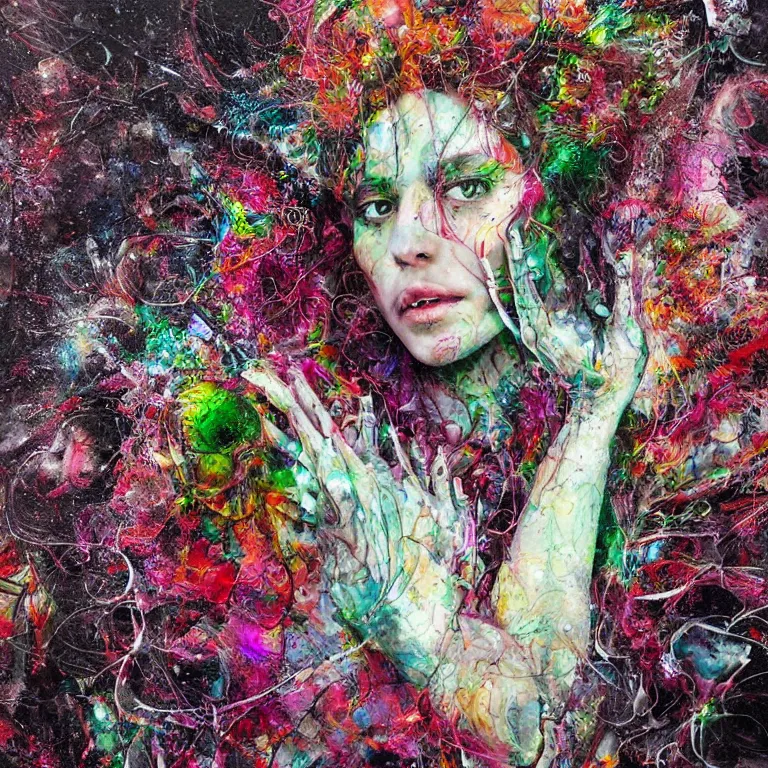 Image similar to portrait of a woman with swirling crystal hair and fractal skin, illustration by artur bordalo, retrofuturism, psychedelic art reimagined by industrial light and magic