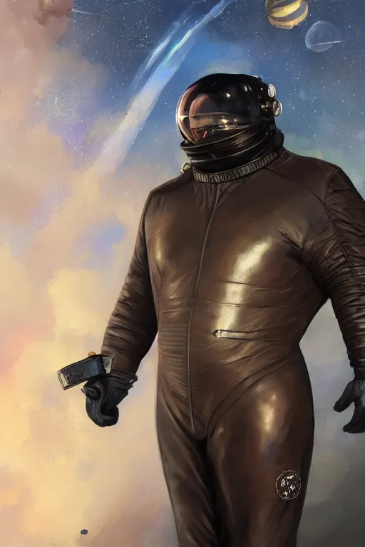 Image similar to portrait of a black baron harkonnen wearing leather spacesuit, detailed, sunshine, nebula space background, illustration by normal rockwell, artstation character art, adebanji alade, concept art, greg rutkowski