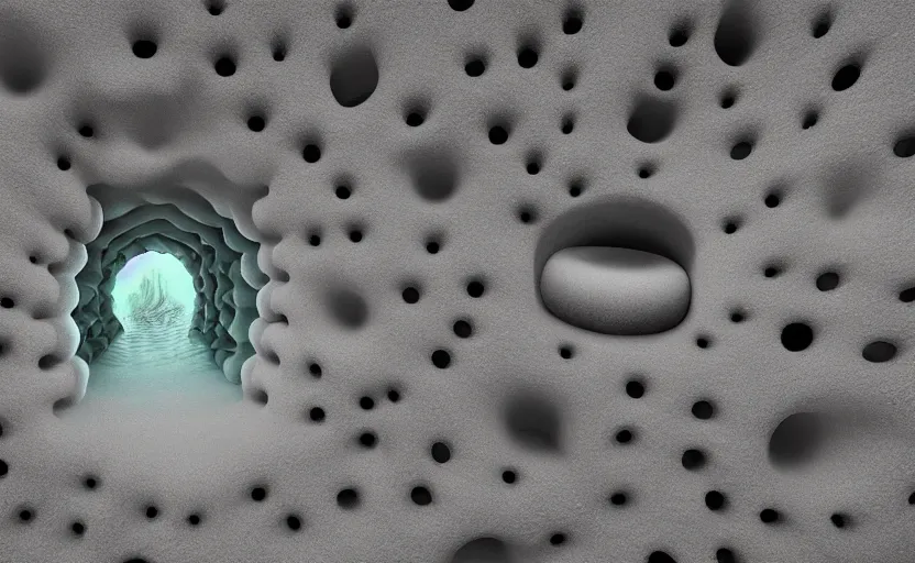 Image similar to hyper liminal photo, sponge with many tunnels inside each hole, tunnels lead to different worlds, surreal, ominous creature hiding detailed, high definition, mysterious, low quality photo, surrealist depiction of a normal sponge, trending, m. c. esher