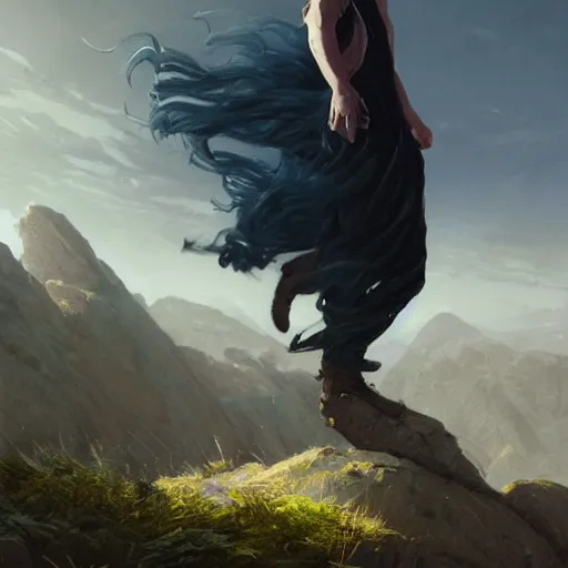 Prompt: a distant view of a young man with long wavy black hair and a long blue coat floating in the air very high up over rocky ground. he is glowing. fantasy painting by greg rutkowski.