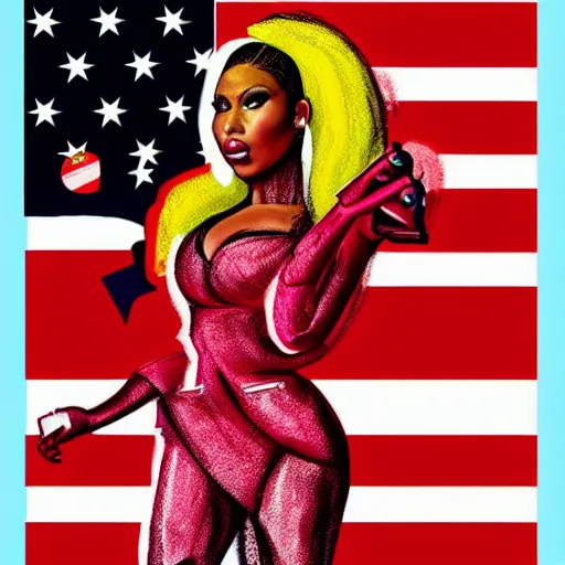 Prompt: nicki minaj for usa president, highly detailed, colored soviet propaganda poster art