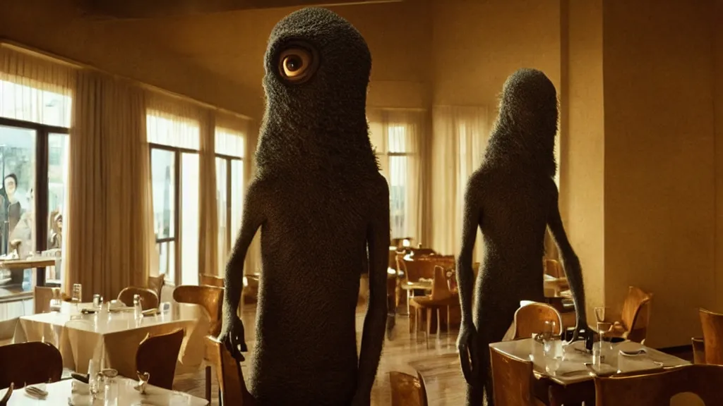 Prompt: the tall strange creature in the restaurant, film still from the movie directed by Denis Villeneuve with art direction by Salvador Dalí, wide lens