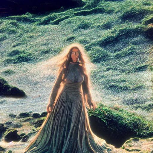 Image similar to dark and moody 1 9 7 0's artistic spaghetti western film in color, a woman in a giant billowy wide flowing waving dress made out of sea foam, standing inside a green mossy irish rocky scenic landscape, crashing waves and sea foam, volumetric lighting, backlit, moody, atmospheric