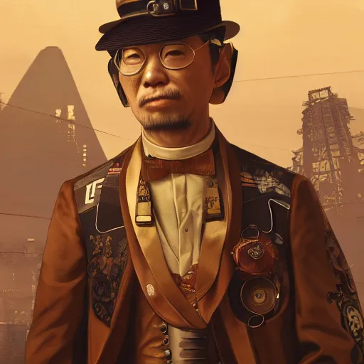 Prompt: Portrait of a japanese man wearing a steampunk engineer outfit in a grand theft auto 5 loading screen , art by Albert Bierstadt and James Gurney, highly detailed, digital painting, matte painting, concept art, illustration, oppressive lighting, trending on artstation, very detailed