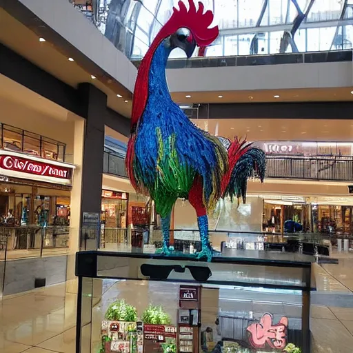 Image similar to giant rooster next to a small rooster inside a shopping mall