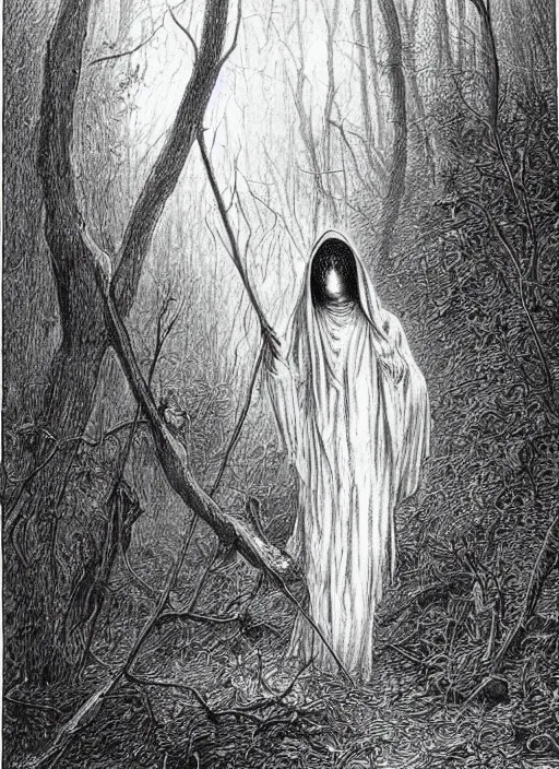 Image similar to faceless grim reaper with veil over face at far distance in beautiful forest, detailed pencil illustration by gustave dore, highly detailed, centered, high resolution, smooth, sharp focus, illustration