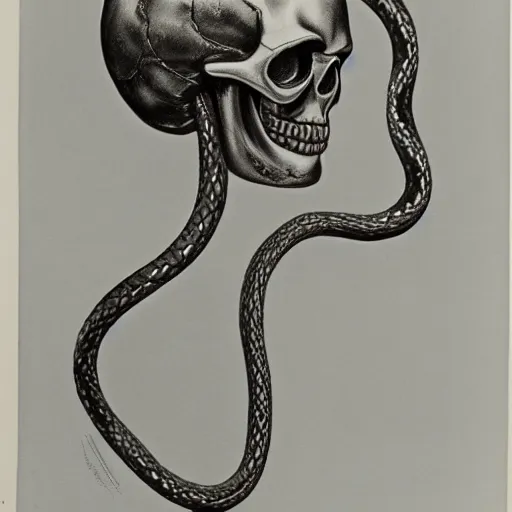 Image similar to large metallic skull attached to a long, coiled snake, stoic and calm, cinematic Eastman 5384 film