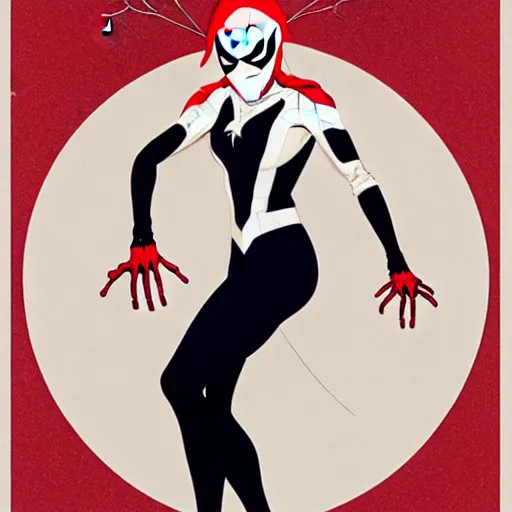 Image similar to Joshua Middleton comic cover art, Norman Rockwell, cinematics lighting, pretty Emma Stone as Spider Gwen symmetrical face, Marvel comics, hanging from white web, playful smirk, city in background