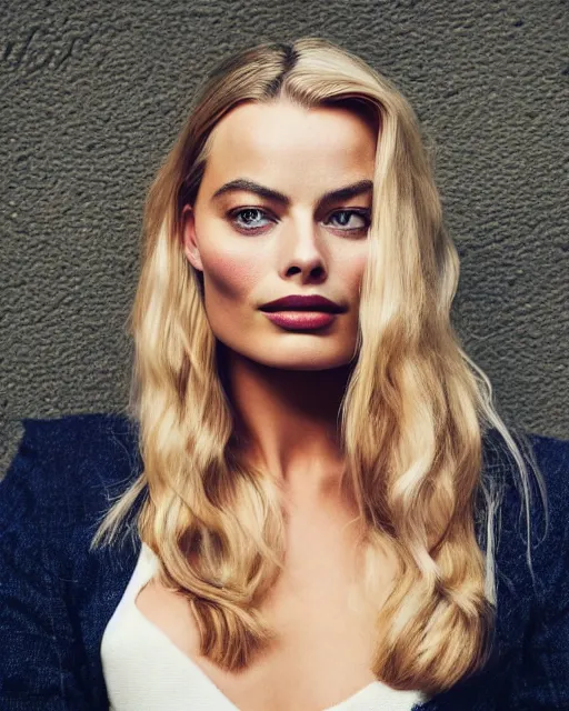 Prompt: Beautiful Head and shoulders portrait of confident flirty margot robbie with straight long blonde hair, by Zoë Mozert , alberto Vargas, arney freytag, artstation, 35mm, fashion photoshoot, posing in an urban street, fashion pose, octane, 4k