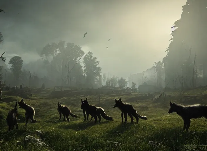 Image similar to a pack of giant wolfs walk through the ruins of a viking village, horror, dramatic lighting, dawn, by caspar david friedrich, unreal engine 5