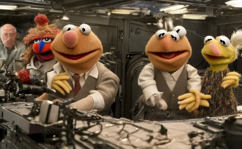 Image similar to a still of muppets in interstellar ( 2 0 1 4 ). highly detailed felt. hyper real photo. 4 k.