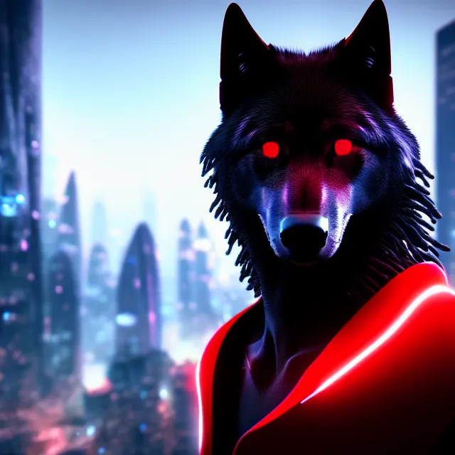 Image similar to portrait of a anthropomorphic black male wolf with red long red hair wearing futuristic clothes in a futuristic city | | concept art, 4 k, volumetric lighting, highly detailed, trending on artstation