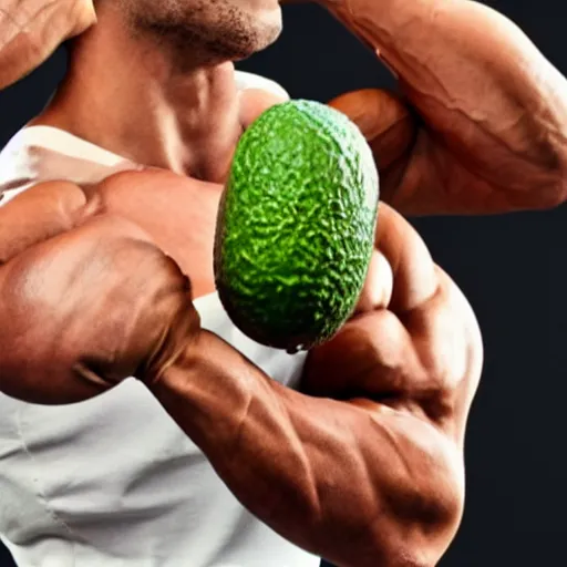 Prompt: a photo of a very strong avocado bodybuilder flexing his muscles