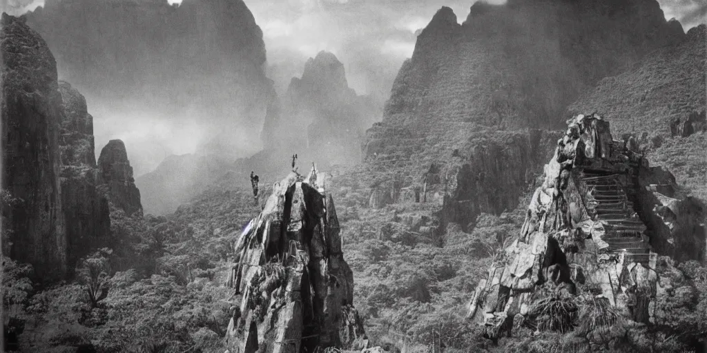 Prompt: lost city the future, scifi, blade runner on the auyan tepui, vintage photograph, bw, by edward s curtis, realistic,