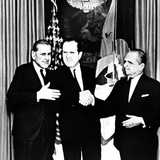 Prompt: Aliens shaking hands with Nixon, 1920s picture