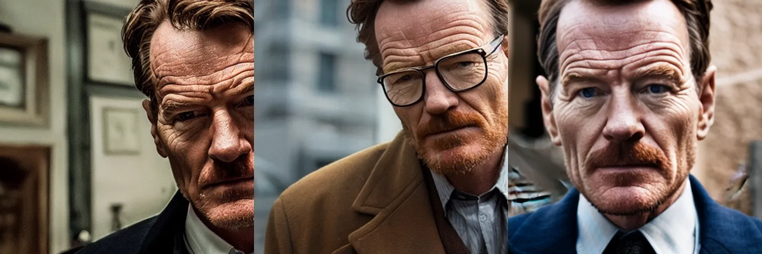 Prompt: close-up of Bryan Cranston as a detective in a movie directed by Christopher Nolan, movie still frame, promotional image, imax 70 mm footage