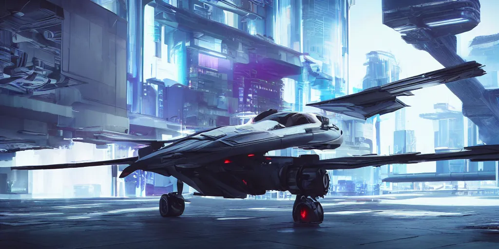 Image similar to cyberpunk concept inspired jet, futuristic look, highly detailed body, aerodynamic body, photorealistic camera shot, bright studio setting, studio lighting, crisp quality and light reflections, unreal engine 5 quality render