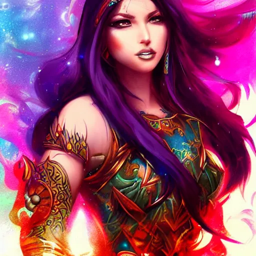 Prompt: a rainbow goddess mystic female warrior leader by ross tran digital artwork business leader