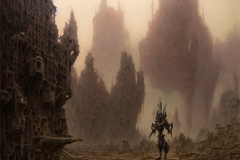 Prompt: a mech standing in a ruined city, fantasy, intricate, elegant, dramatic lighting, highly detailed, lifelike, photorealistic, digital painting, artstation, concept art, smooth, sharp focus, illustration, art by Beksinski and John Collier and Albert Aublet and Krenz Cushart and Artem Demura and Alphonse Mucha