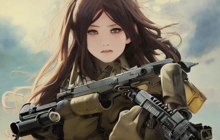 Prompt: infantry girl, soldier using rocket launcher, smoke, anime style, long hair, hair down, symmetrical facial features, from girls frontline, hyper realistic, pale skin, rule of thirds, extreme detail, 4 k, detailed drawing, trending artstation, hd, trading card, by alphonse mucha, greg rutkowski, sharp focus, backlit