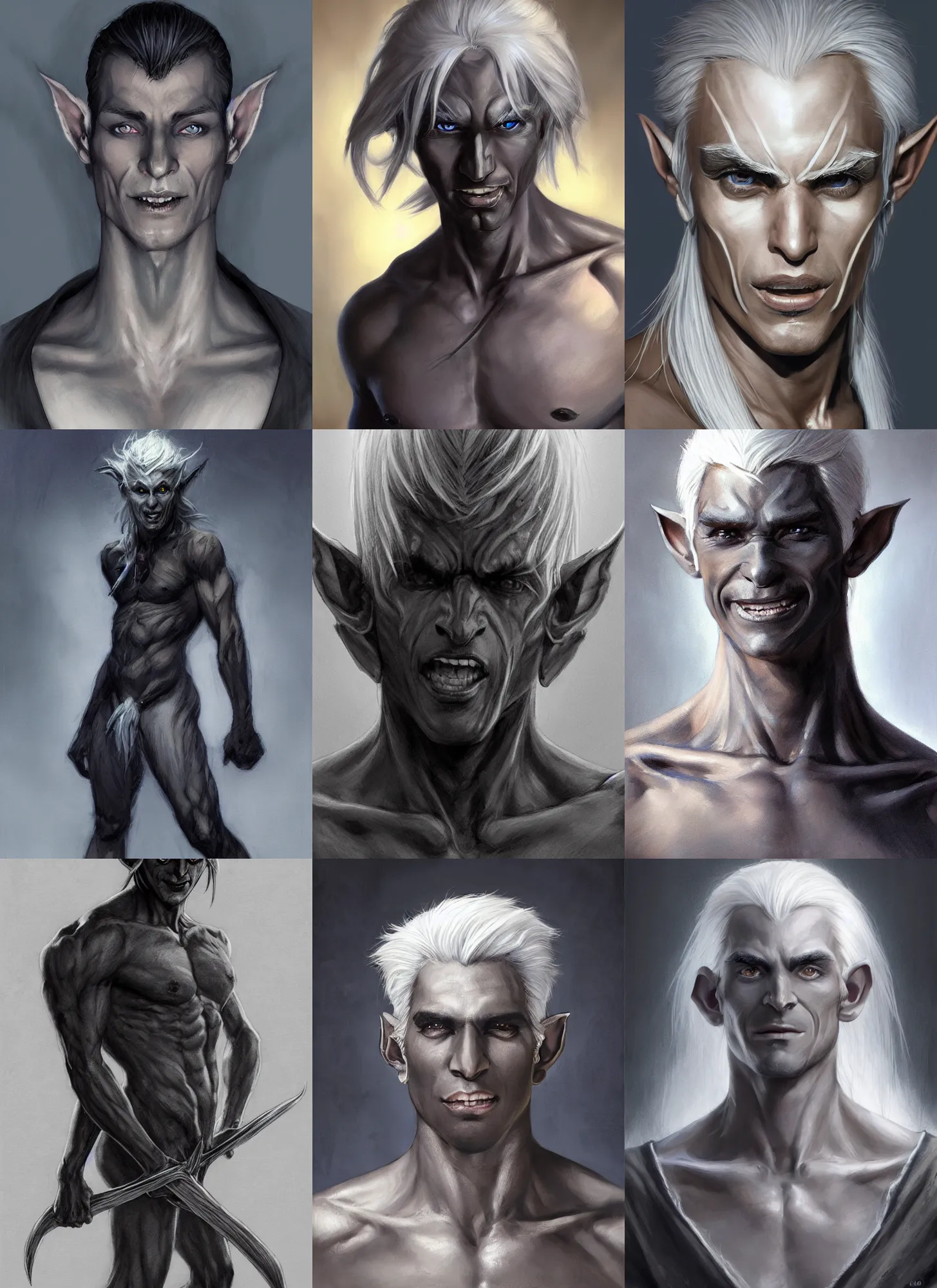 Prompt: a portrait of a dark drow elf male, long length slick white hair, charcoal skin, handsome, smooth skin, young adult in with late twenties, happy, pointed chin, charcoal color skin, joyful expression, style by donato giancola, wayne reynolds, jeff easley dramatic light, high detail, cinematic lighting, artstation, dungeons and dragons