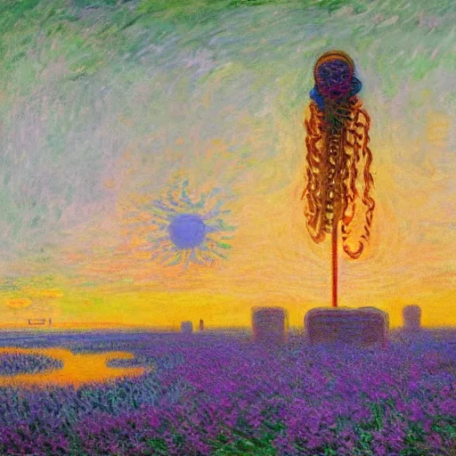 Image similar to The queen of the sun, by Simon Stålenhag and Claude Monet, oil on canvas